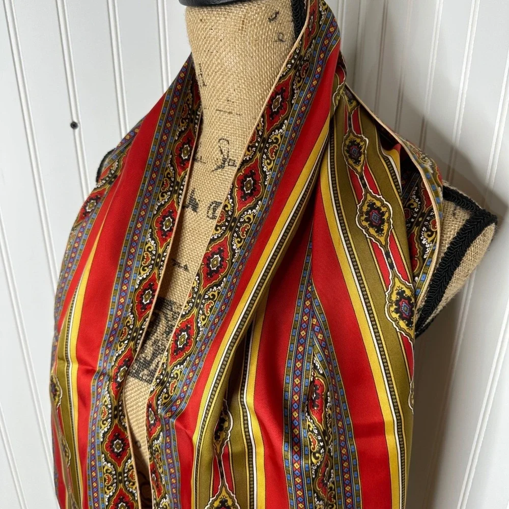 Red‎ Gold Fringed Rectangular Scarf Medallion Striped Silky Wrap 14x60